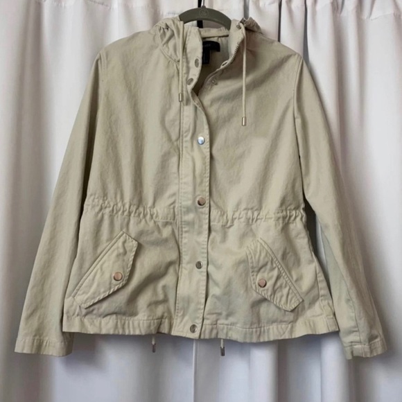 F21 Oatmeal Cream Neutral Beige Anorak Utility Cotton Jacket Size Medium - Picture 2 of 10